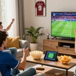 Excited friends watching live football match together, شاهد البث هنا for thrilling moments.