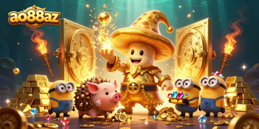 Experience the magic of ao88az with golden treasures and whimsical characters in a vibrant casino scene.