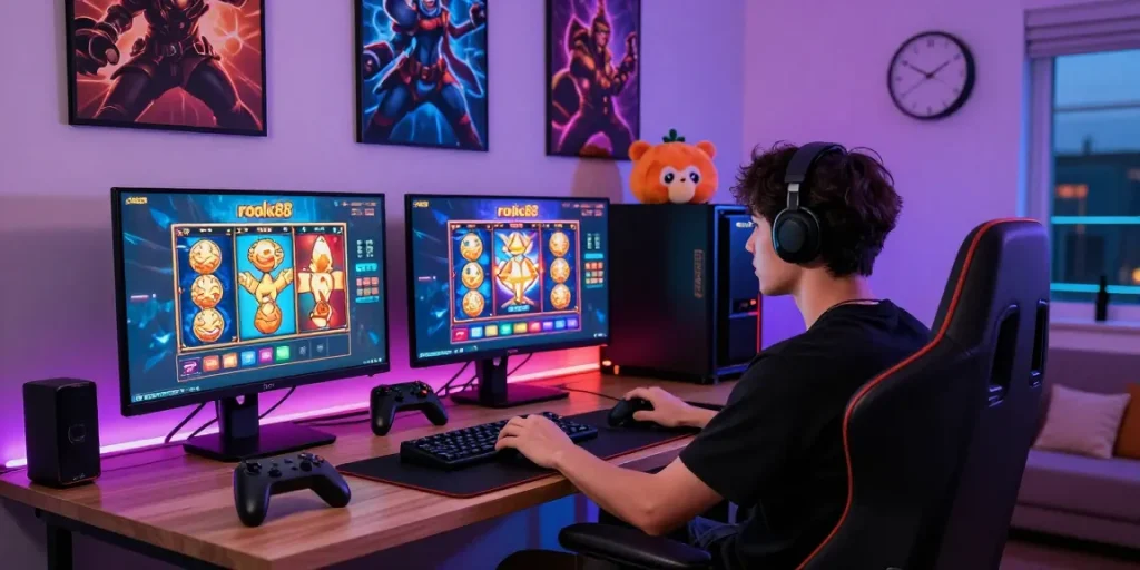 Exciting gaming scene featuring rokok88 slot games and colorful interfaces