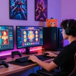 Exciting gaming scene featuring rokok88 slot games and colorful interfaces
