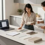 Solid surface countertops company designer showcasing sleek kitchen with non-porous materials and modern elements.