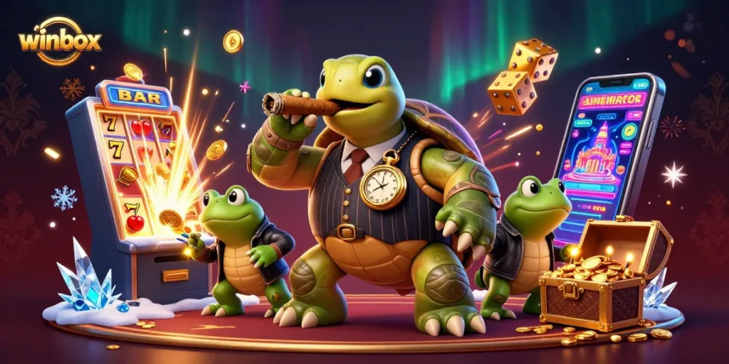 Winbox features a snapping turtle in a mobster suit enjoying casino excitement with slots and treasures.