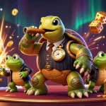 Winbox features a snapping turtle in a mobster suit enjoying casino excitement with slots and treasures.