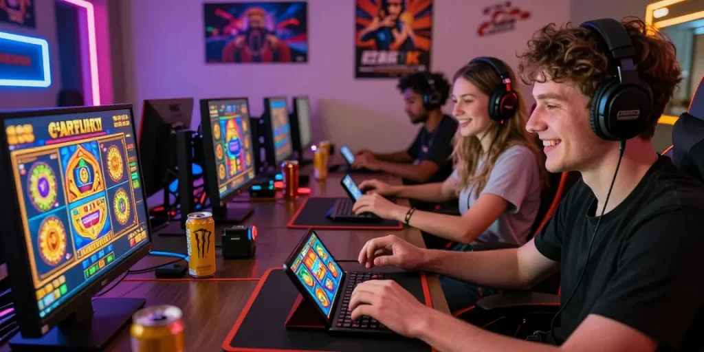 Engaging online gaming atmosphere at WD138 showing cara daftar wd138 on diverse devices with excited players.