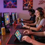 Engaging online gaming atmosphere at WD138 showing cara daftar wd138 on diverse devices with excited players.