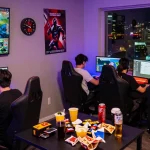 Exciting online gaming event with players immersed in rokok88 competition, vibrant screens, and snacks